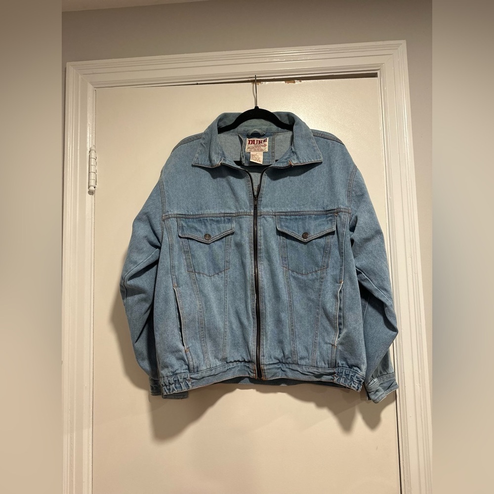 Vintage 90s Duke Haband Mens Sz:L Light Wash Denim Full Zip Trucker Jacket.